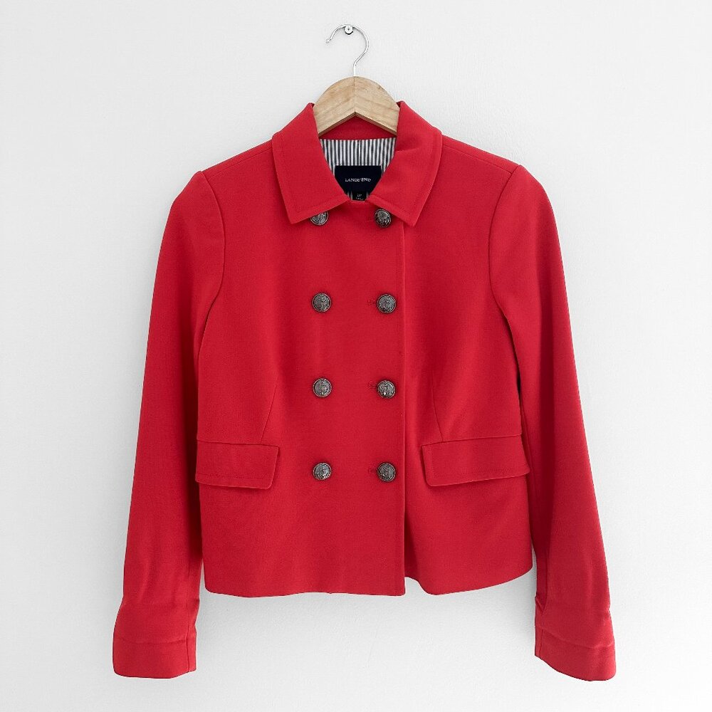 Land's End Red Pea Coat - Double Breasted Nautical Preppy Jacket - Size 2P
